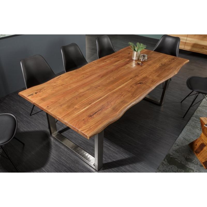 Massief houten eettafel MAMMUT NATURE 160cm acacia roestvrijstalen boomrand 3,5cm tafelblad - 39391