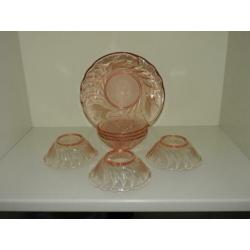 ANTIEK gaaf OUD ROZE bowl/fruit set 7 delig decoratie lelie