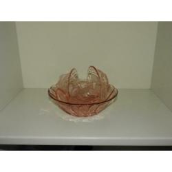 ANTIEK gaaf OUD ROZE bowl/fruit set 7 delig decoratie lelie