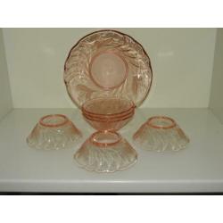 ANTIEK gaaf OUD ROZE bowl/fruit set 7 delig decoratie lelie