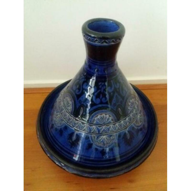 Blauwe Marokkaanse schaal 42cm en tajine 32cmm aardewerk