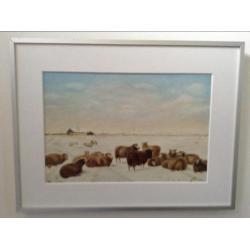 Schilderij : Schapen in de sneeuw in jaar 1863.