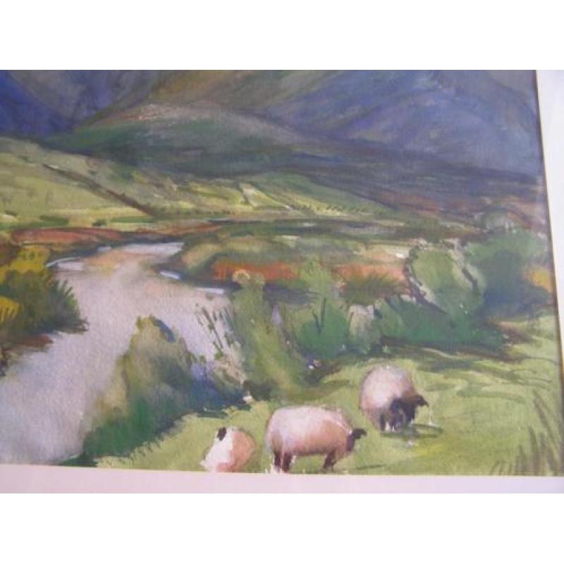 Berglandschap met schapen. Aquarel