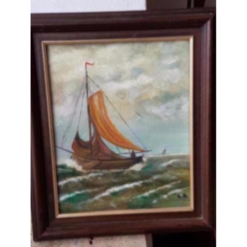 Olieverf schilderij schip platbodem op zee gesigneerd LB.