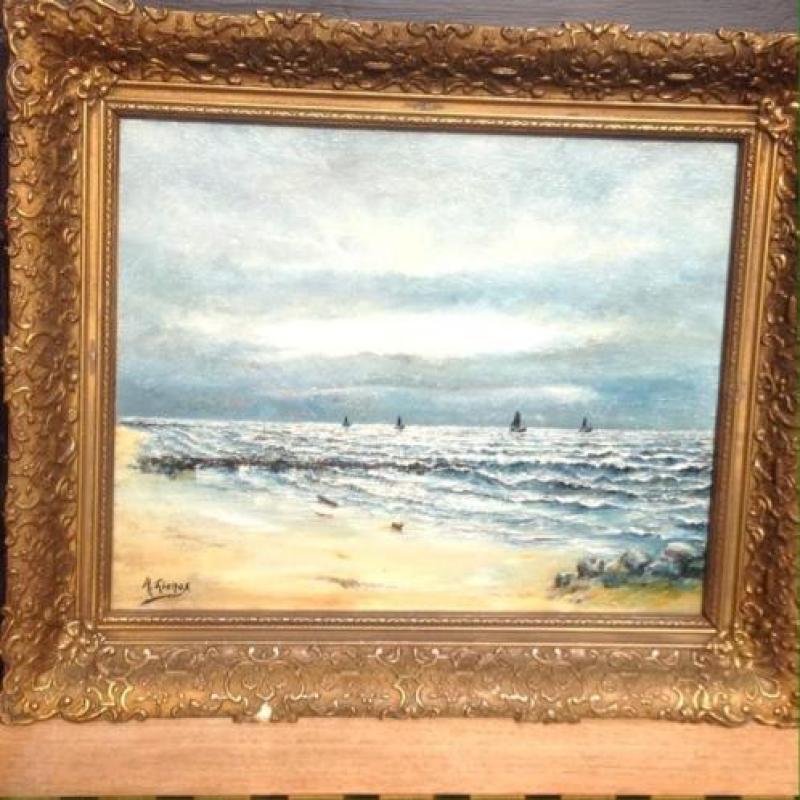 Schilderij zeezicht strand bootjes, Schilder Lienos