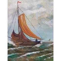 Olieverf schilderij schip platbodem op zee gesigneerd LB.