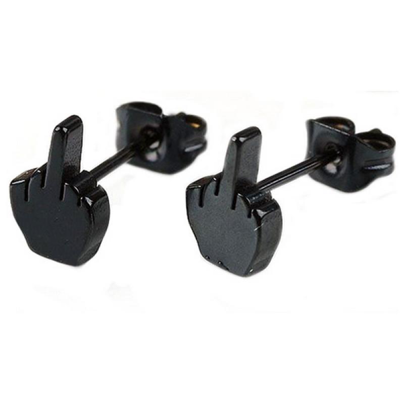 Stud oorbellen edelstal Middle Finger Black