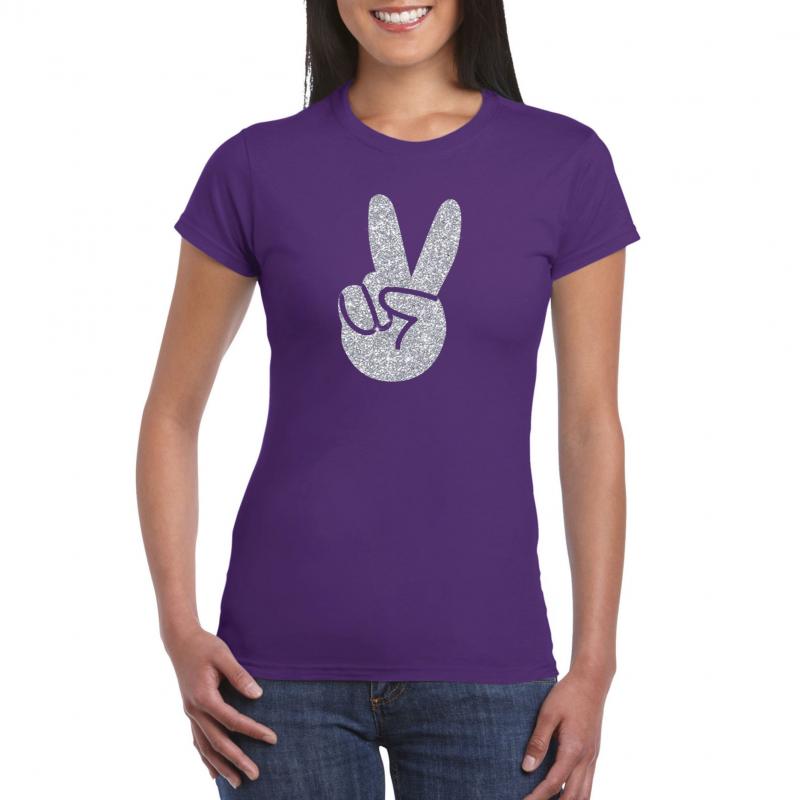 Toppers - Paars Flower Power t-shirt zilveren glitter peace hand dames